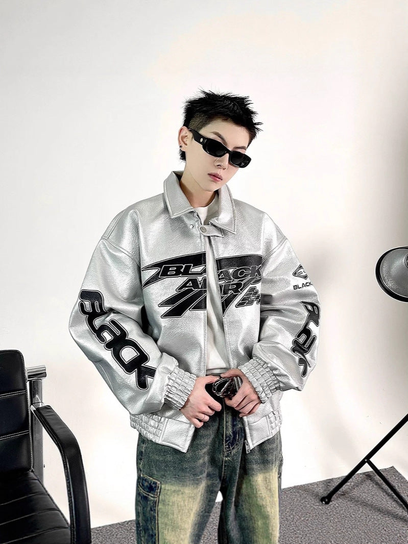 Embroidered PU Leather Jacket Streetwear Oversized