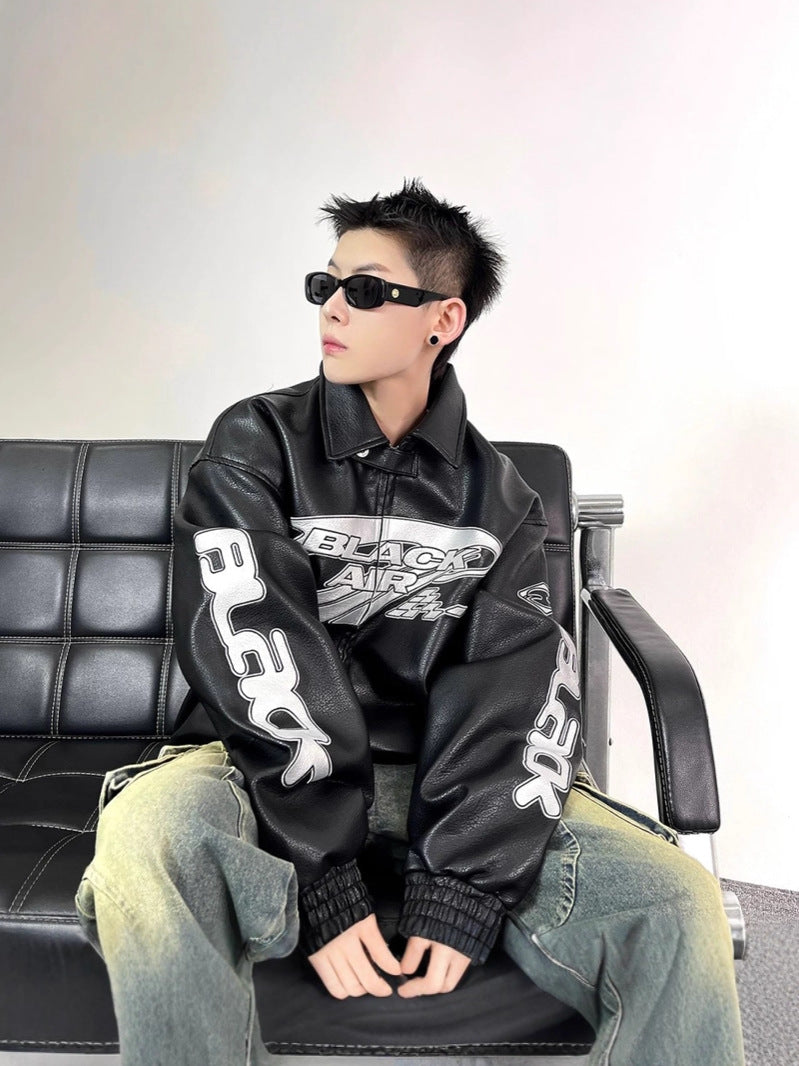 Embroidered PU Leather Jacket Streetwear Oversized