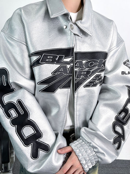 Embroidered PU Leather Jacket Streetwear Oversized
